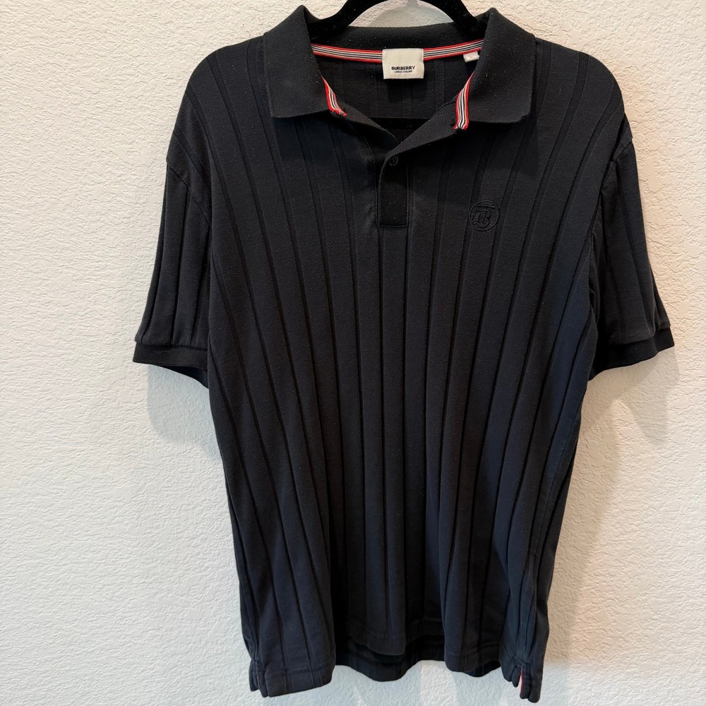Burberry London England Mens Black Ribbed TB Monogram Polo Shirt Large Cotton